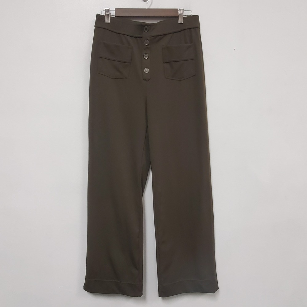 Pull On Elastic Waist Day Stretch Dress Pants Size L Green Wide Leg Pockets